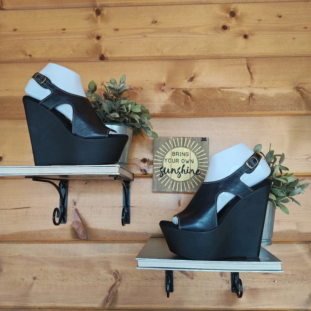 Sbicca Vintage Collection Wooden Wedge Platform Sandals Boho Black Leather Sz 38